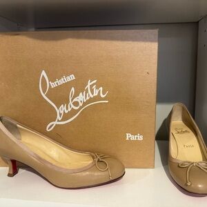 Christian Louboutin Beige Leather Kitten Heel Pumps with Red Soles